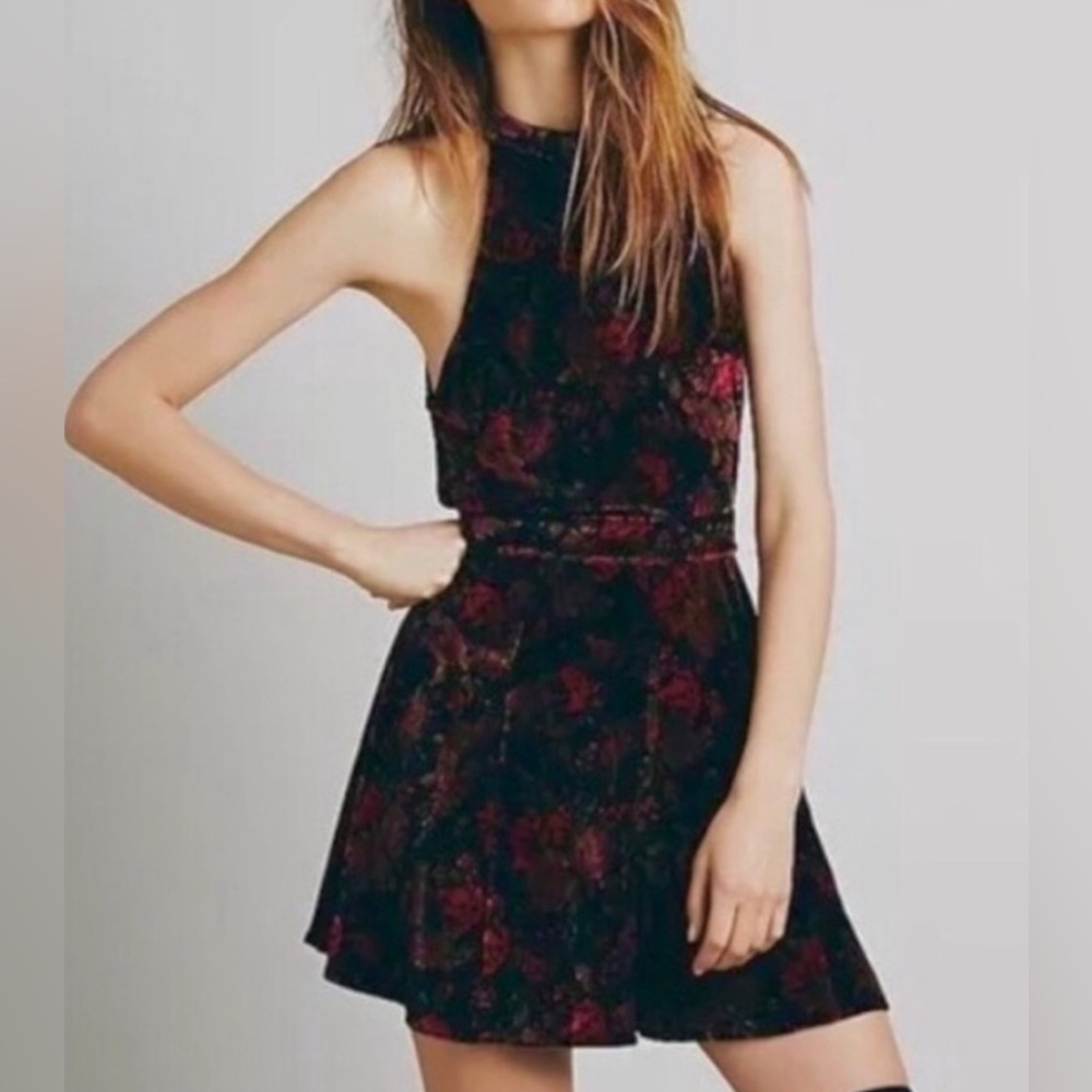 FREE PEOPLE Dark Floral Velvet Open Back Halter Romper Size XS
